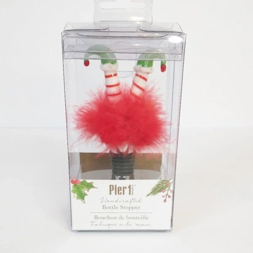 Pier 1 Imports Holiday Tipsy Upside-Down Elf Bottle Stopper Feather Skirt NIB